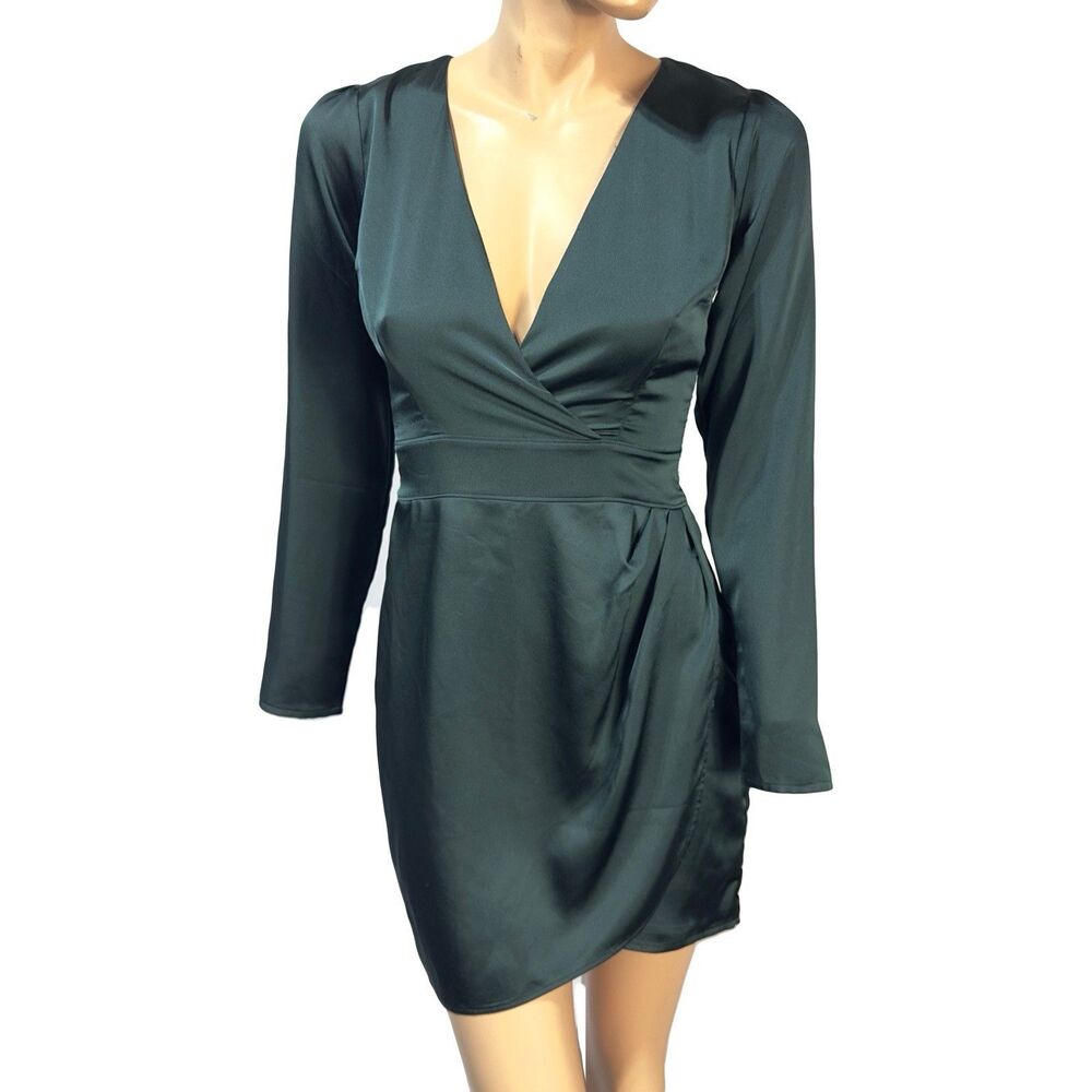 Abercrombie & Fitch Dark Green Satin Mini Dress Size XS Faux Wrap Long Sleeve